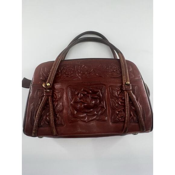Vtg Aztec Hand Tooled Brown Leather Satchel Purse Mexico Mayan Boho Bag Roses - Picture 5 of 16